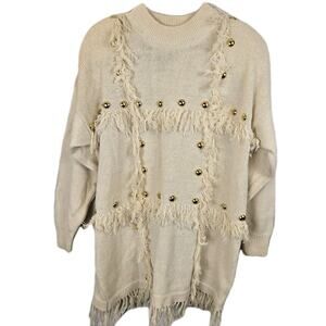 Studded Fringe Cream Sweater Art 2 Wear Spree International Thrashed Distressed